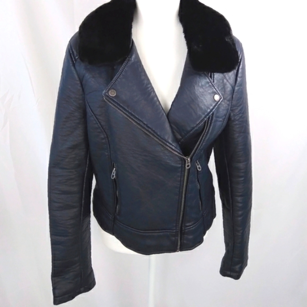 Members Only Ink Blue Faux Leather Fur Biker Jacket Coat